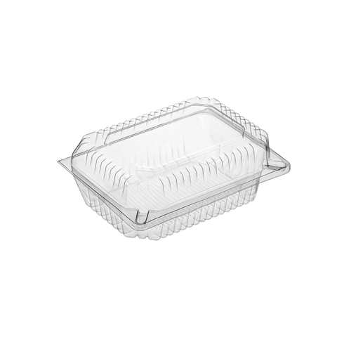 Clear PET Rectangle Salad Container with Hinged Lid on a white background
