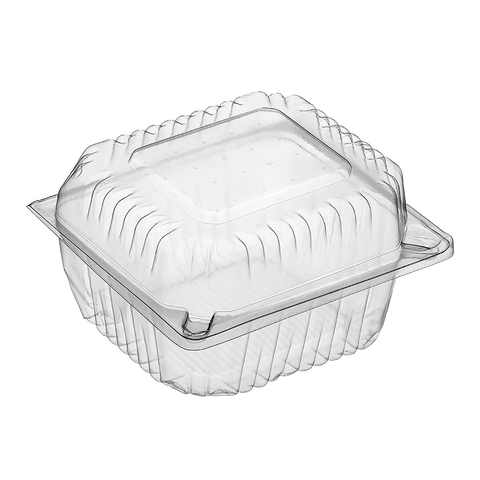 Clear PET Square Food Container with Hinged Lid on a white background