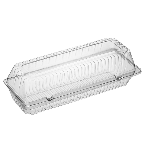 Clear PET Rectangle Food Container with Hinged Lid on a white background