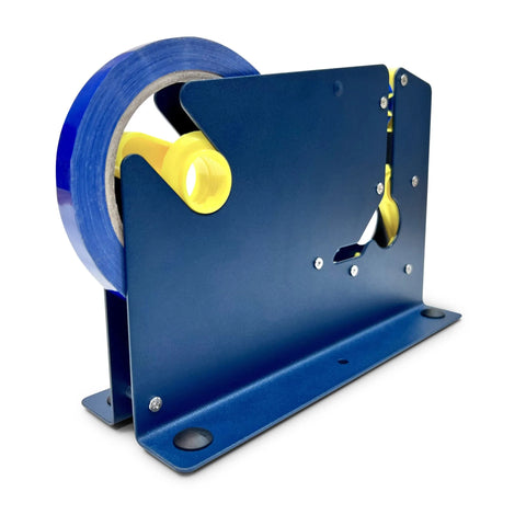 Blue tape dispenser with yellow handle on a white background