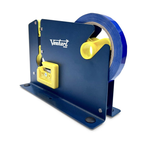 Blue tape dispenser with yellow accents on a white background