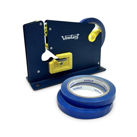 Blue and yellow Venhart tape dispenser with a roll of blue tape on a white background
