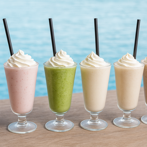 Four milkshakes with whipped cream and jumbo paper straws on a wooden surface with a blue background