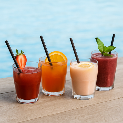 Four glasses of different cocktails with black cocktail straws on a wooden surface against a blue sky.
