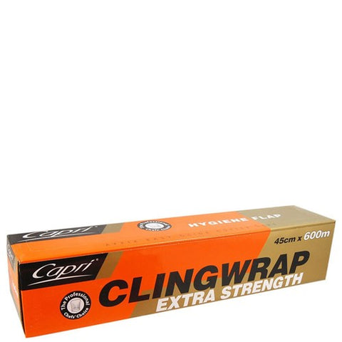 Box of Capri cling wrap with orange and brown design on a white background