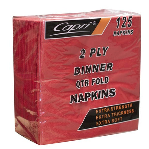 Pack of Red Capri brand 2 ply dinner napkins on a white background