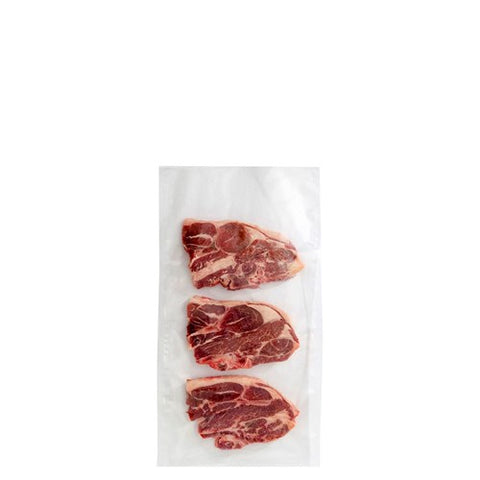 Three pieces of raw meat in a vacuum-sealed package on a white background