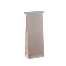 Tall thin Brown paper bag with tin tie closure on a white background