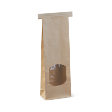 Brown paper bag with a tin tie and a clear window on a white background