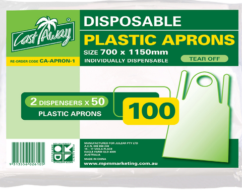 Packaging of disposable plastic aprons with green and white design.