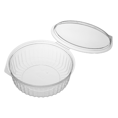 24oz 682ml Bonson Clear plastic PET food container with an open flat hinged lid on a white background