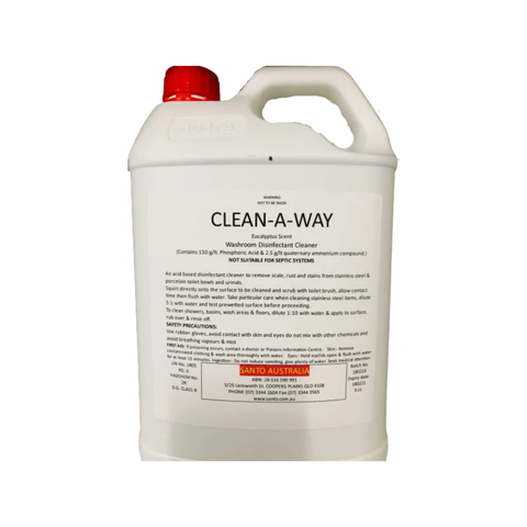 Clean-A-Way toilet cleaning solution container with red cap on a white background