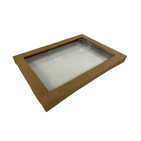 Brown cardboard catering box lid with a clear window on a white background