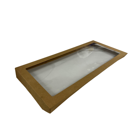 Brown cardboard catering box lid with a clear window on a white background