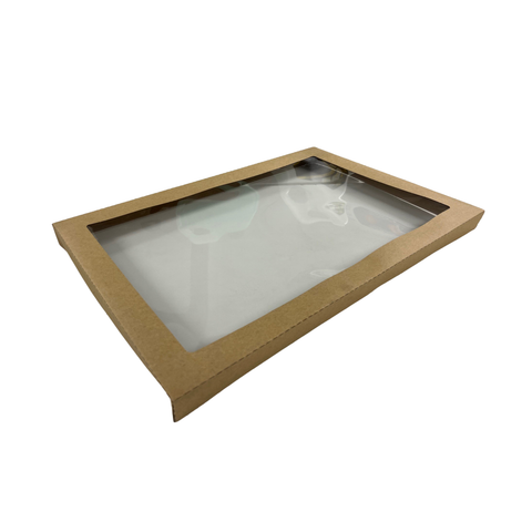 Brown cardboard catering box lid with a clear window on a white background