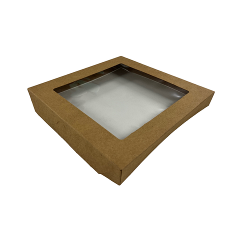 Brown cardboard catering box lid with a clear window on a white background