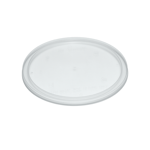 Clear Lid for CY range of black flat bottomed round bowls on a white background