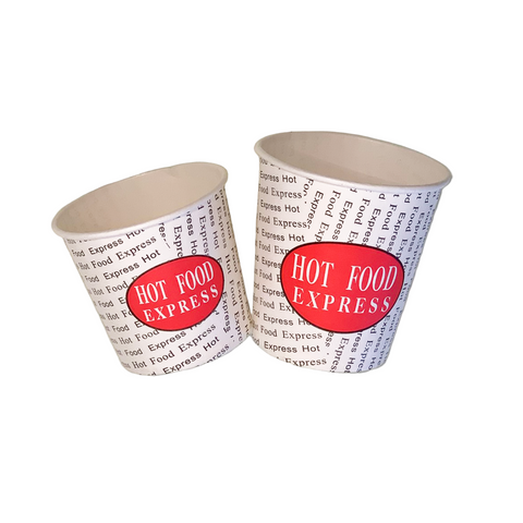 Two paper hot chip cups with 'Hot Food Express' print on a white background