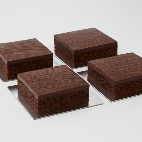 Four square chocolate cakes on square foil cake boards on a white background