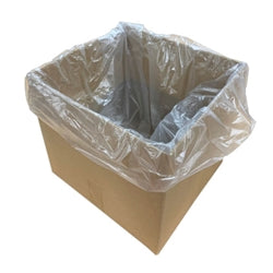 Cardboard box with a clear plastic bag inside on a white background