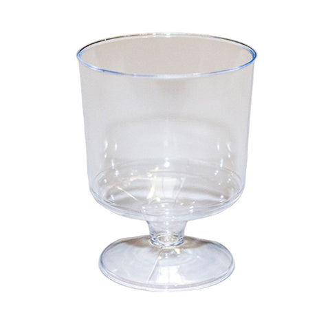 62ml Clear plastic tasting glass with footed base on a white background