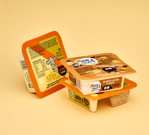 Custom designed Breakfast Yogurt containers with Moo Gurt and Splitz branding on a beige background