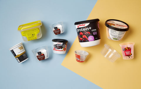 Bonson custom designed & manufactured yoghurt & dessert containers on a blue and yellow background