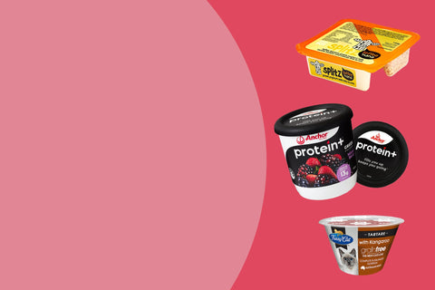 Splitz breakfast, Anchor protein yoghurt & Fussy Cat custom designed product packaging on a pink background