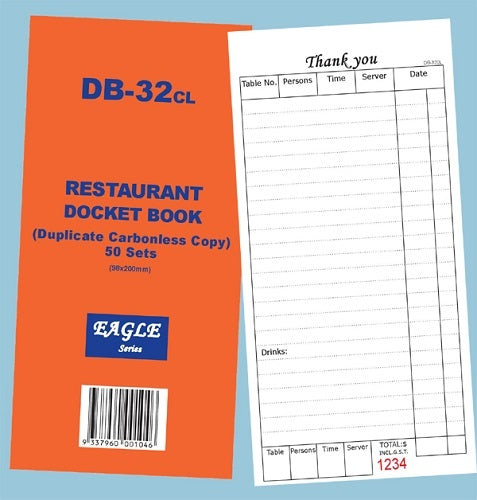 Carbonless duplicate Orange restaurant docket book with carbonless copy on a light blue background