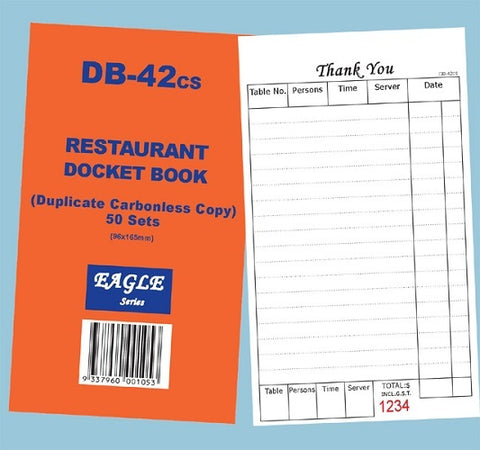 Carbonless duplicate Restaurant docket book with orange cover and white inside pages on a blue background