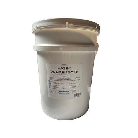 White container of machine dishwasher powder on a white background
