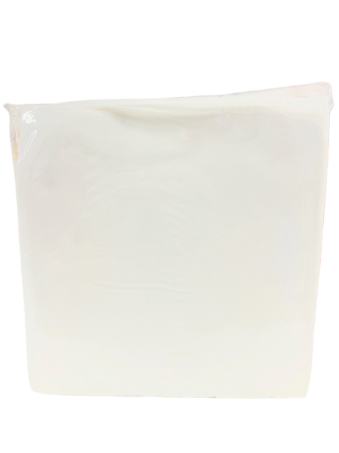 Pack of Qtr Fold white dinner napkins with no branding on a white background