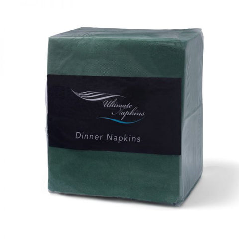 Pack of green Qtr Fold dinner napkins with 'Ultimate Napkins' branding on a white background