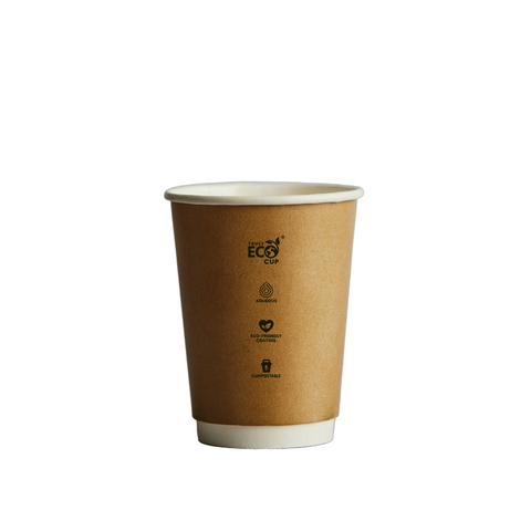 8oz Brown paper cup with eco-friendly logo on a gray background