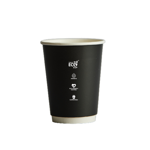 12oz Black paper cup with a white rim on a white background