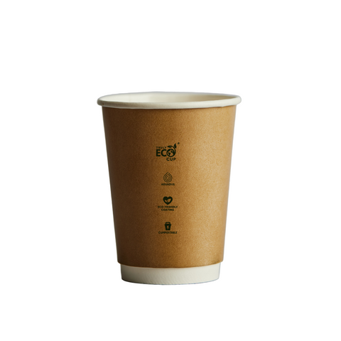 12oz Brown paper cup with 'Eco Cup' branding on a white background