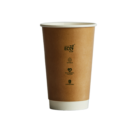 16oz Brown paper cup with 'Eco Cup' branding on a white background