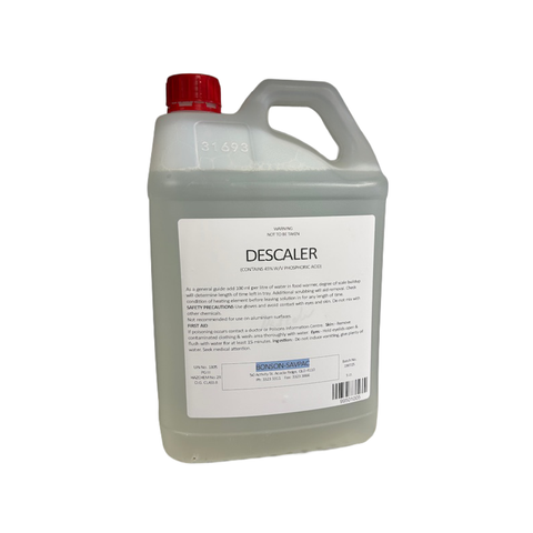 5L Descaler liquid in a clear container with a red cap on a white background