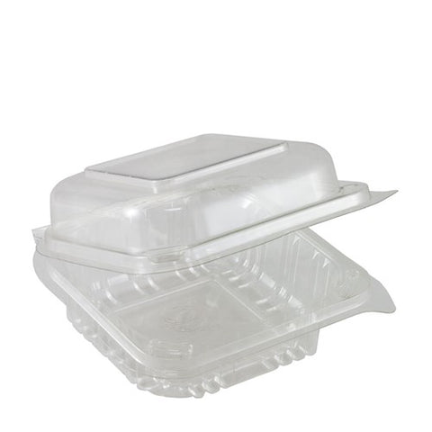 Clear rPET plastic food container with a hinged lid on a white background