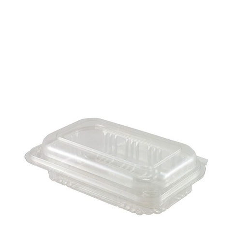 Clear rPET plastic food container with hinged lid on a white background