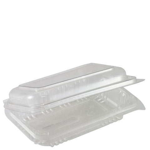 Clear rPET plastic food container with hinged lid on a white background