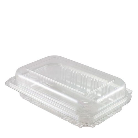 Clear rPET plastic food container with hinged lid on a white background