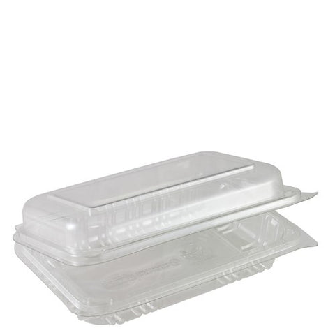Clear rPET plastic food containers with hinged lid on a white background