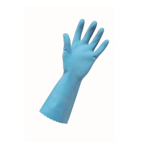 Blue rubber dishwashing glove on a white background