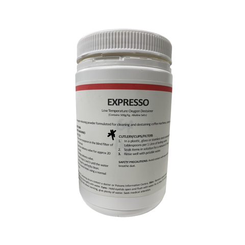 1kg container of Expresso oxygen destainer with product use instructions on a white background
