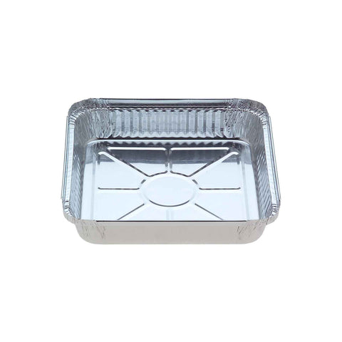 A large rectangular aluminium foil  food container on a white background