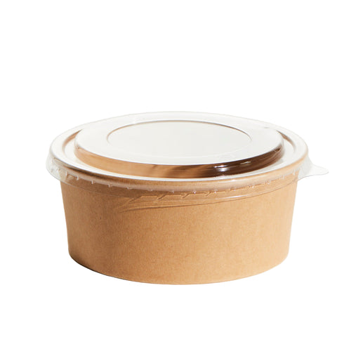 750ml Brown paper food container with a clear lid on a white background