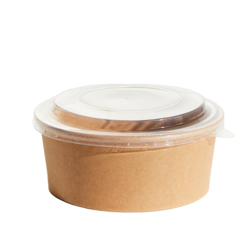 Kraft paper food container with a clear lid on a white background