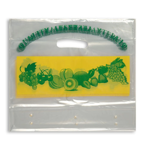 Clear plastic bag with green fruit design on a yellow background