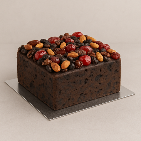 Square fruit cake with fruits and nuts on top on a Square Foil Cake Board on a neutral background